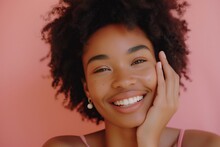 Radiant Beauty Smiling Woman Caresses Flawless Skin, Perfect For Skincare Ads