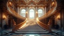 Grand Staircase In A Classical Museum: A Majestic Staircase Within A Classical Museum, Featuring Intricate Architectural Details And A Sense Of Grandeur