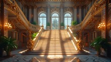 Grand Staircase In A Classical Museum: A Majestic Staircase Within A Classical Museum, Featuring Intricate Architectural Details And A Sense Of Grandeur