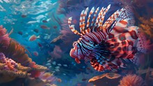 Vibrant Lionfish Swimming In Coral Reef Ecosystem. Underwater World Captured In Vivid Detail. Exotic Marine Life Portrait. Beauty Of Oceanic Life. Environment And Wildlife Theme. AI