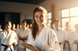 Jugendliche im Karateanzug feiern Erfolg bei Gürtelprüfung im Dojo