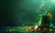 Banner with shiny green hat, gold coins and clover leaves. St. Patrick's Day concept, Generative AI