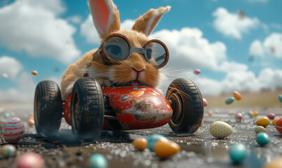 Wall Mural - Easter bunny with goggles in a racing red car, easter funny concept