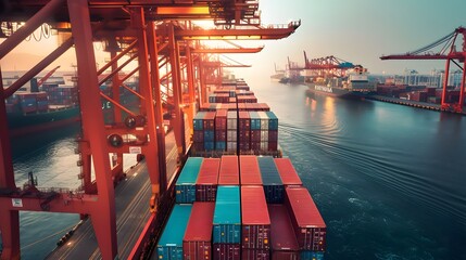 Wall Mural - Container ship carrying container boxes import export dock with quay crane. Business commercial trade global cargo freight shipping logistic and transportation worldwide oversea concept