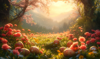 Wall Mural - Easter nature spring background with easter eggs and trees