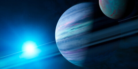 Wall Mural - saturn rings and moons, exoplanet with rings, space and universe. sci-fi. 3d rendering