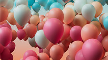 Colorful Party Background, with Coral, Pink and Turquoise Balloons. 3D Render.