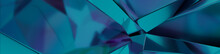 Glass Pieces with Vibrant Turquoise and Purple hues create a Glossy Abstract Banner. Contemporary 3D Render.