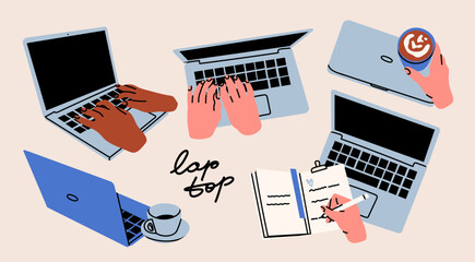 Human hands typing on laptop keyboard, hand writing in notebook. Laptops with hands, coffee cup. Computing, working online, freelancing, education concept. Hand drawn isolated Vector illustrations