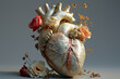 © ADDICTIVE STOCK - Generative AI illustration of realistic human heart model adorned with a delicate arrangement of roses and flowers, set against a soft grey background