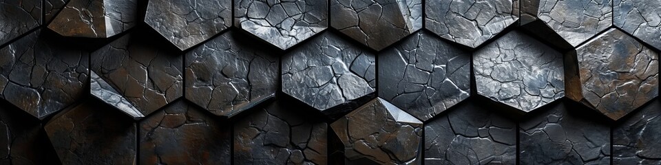 Wall Mural - Industrial black wall featuring a grid-like layout of metallic polygons.