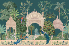 Mughal Garden With Peacock, Parrot, Plant And Botanical Tree Landscape Illustration Pattern