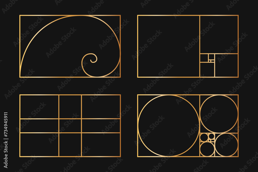 Collection of golden ratio templates. Logarithmic spiral. Fibonacci ...