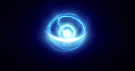 Poster - Abstract blue rings spheres from energy magic waves of smoke circles and glowing lines on a black background