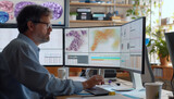 Fototapeta  - A collaborative workspace where researchers utilize machine learning models on large datasets to predict disease outcomes and treatments showing interactive dashboards and predictive analytics in