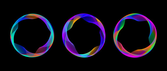 Poster - Neon iridescent blend circle line set. Shimmering glowing round tech frame collection. Curved wavy circles on black background. Rainbow gradient circular border pack. Vector design element bundle
