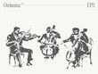 Musicians performing on violins and cello at orchestra concert. Hand drawn vector illustration.