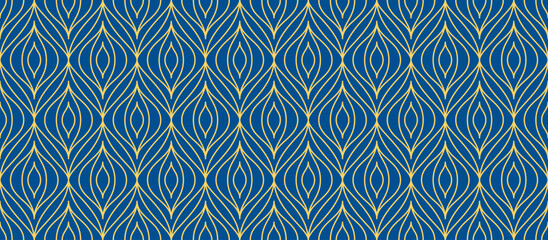 Poster - Retro art deco blue and gold seamless pattern. Repeated golden leaf motif on navy background. Vintage decorative texture for wallpaper, textile, fabric, print swatch. Vector elegant ornament backdrop