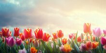 Colorful Tulip Flowers Blooming In The Garden With Sky Background. Beautiful Floral Background For Easter Holiday, Women's Day, 8 March, Birthday, Mother's Day