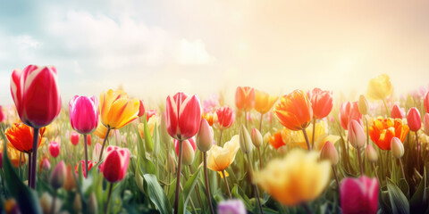 Wall Mural - Colorful tulip flowers field in spring time. Beautiful Floral background for Easter holiday, Women's day, 8 march, Birthday, Mother's day