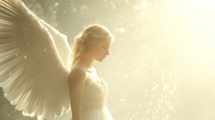 Wall Mural - A peaceful dream scene is interrupted by the appearance of a powerful angel its radiant presence filling the space with pure grace and light.