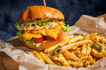 Canvas Print - burger with french fries closeup