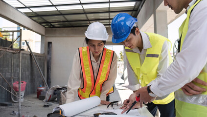 Wall Mural - Civil engineering team meets to plan work on construction project in the construction area Foreman, industrial project manager, engineer working as a team Professional team in Asian industry