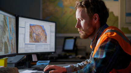 Wall Mural - Computer Screen with Geological Data and Maps on Engineer Desk with Rock Samples