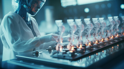 Poster - humanoid robot scientist working in laboratory, AI advancements in science research, AI robot working in medical lab
