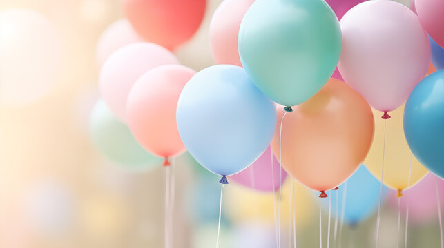 Pastel colored balloons on light bokeh background, Group of pastel party balloons on soft background, Generative AI.