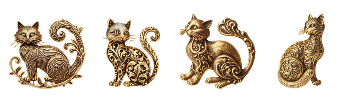 4 old fashioned cat brooch made of gold with intricate design set against a transparent background