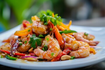 Poster - Non spicy Thai food stir fried crispy shrimp with cashews and peppers served on a white plate