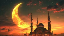 A Golden Crescent With A Mosque In The Background, With Beautiful Mosques, Crescent Moon In Background