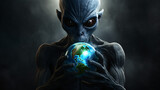 Fototapeta Perspektywa 3d - Extraterrestrial alien holds the planet Earth.