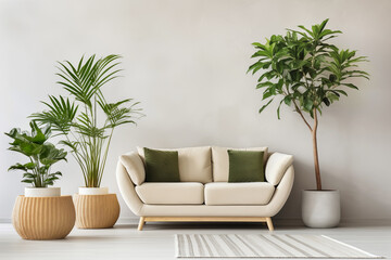 Wall Mural - Minimal living room with indoor plants. Bright authentic home interior. Home gardening and biophilic design