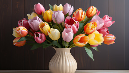 Canvas Print - A fresh bouquet of multi colored tulips brings springtime indoors generated by AI