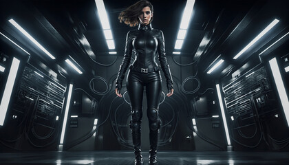 Futuristic woman in black latex suit. Sci-fi background.