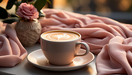 Poster - A fresh cappuccino on a wooden table, pure elegance generated by AI