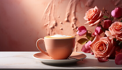 Wall Mural - Coffee cup on table, fresh flowers, cappuccino, warmth, romance generated by AI