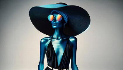 Wall Mural - An artistic digital rendering of a female mannequin with a stylish wide-brimmed hat and reflective sunglasses, exuding a modern and fashionable vibe.Fashion concept. AI generated.