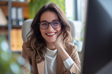 Wall Mural - Happy smiling business woman in suit and glasses looking at monitor screen camera having online webinar or video call or conference with colleague sitting in office. Concept of internet communication.