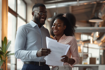 Wall Mural - Portrait of two smiling African American business people man and woman standing in office at their workplace and looking through financial documents. Employees discussing work project