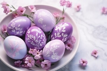 Painted purple Easter eggs and spring flowers. Easter holiday background. Stylish decorative card
