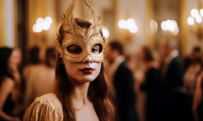 Elegant young woman in a golden masquerade mask at a luxurious ball with blurred guests in the background, embodying mystery and sophistication