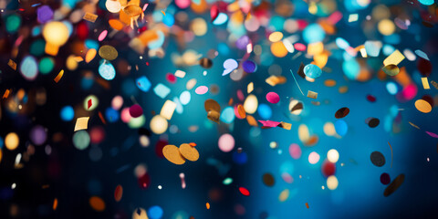 Wall Mural - Vibrant confetti explosion in festive celebration with colorful pieces floating in a dreamy blue background filled with soft bokeh lights