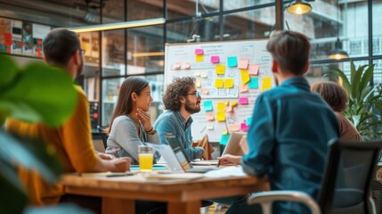 group of people are holding a joint meeting at a table with sticky notes and a whiteboard.