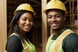 A close-up portrait of two African Americans in construction vests and hard hats at a construction site.