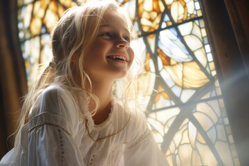 Wall Mural - First communion joy: heartwarming moments of young believers in white dresses, celebrating this sacred Christian sacrament with faith, purity, spirit of spiritual growth in memorable church ceremony.