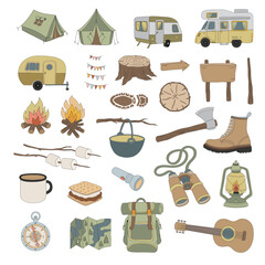 retro groovy camping hiking outdoor recreation equipment vector illustration set isolated on white. 