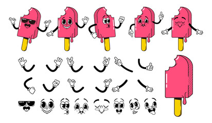 Wall Mural - cartoon retro ice cream groovy character, vector construction kit. nostalgic set for creation popsic